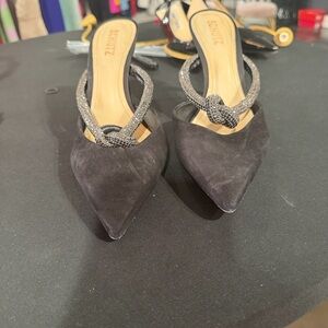 SCHUTZ Black Suede Pointed Slingback Heels with Crystal Knot Strap